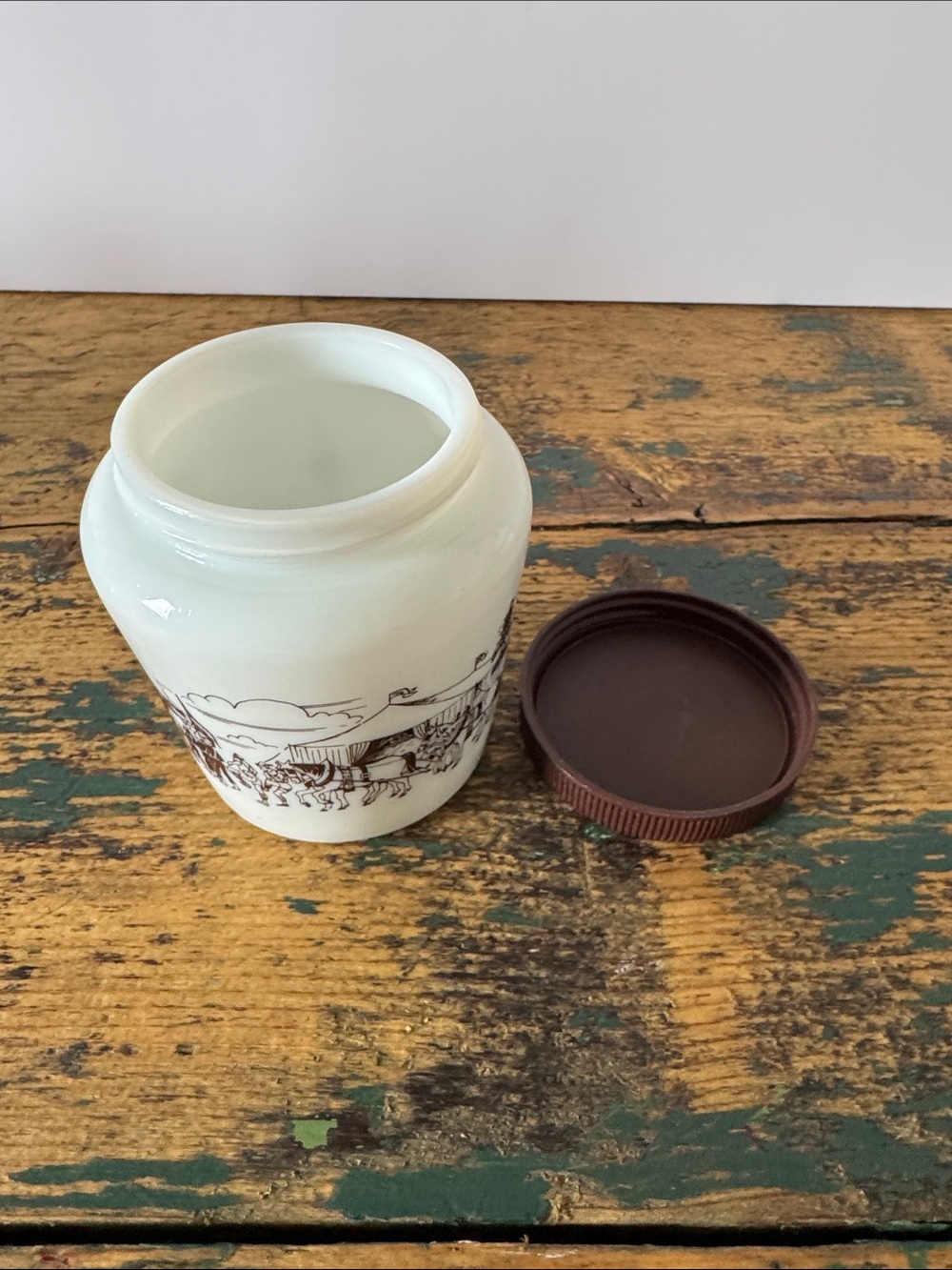 Vintage Milk Glass Jar with Brown Lid and Country Scene - Picture 5 of 6